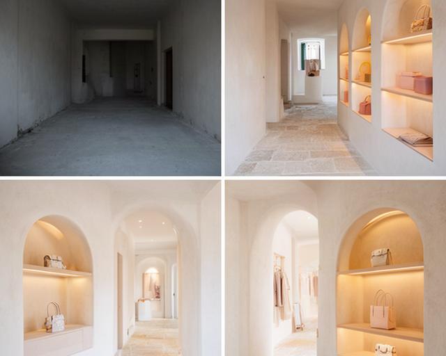 Confronto prima e dopo di una boutique a Taormina con nuove nicchie espositive e illuminazione calda