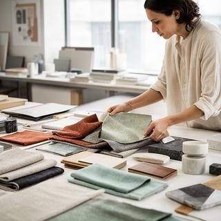 Designer Hariett Shabane mentre seleziona campioni di tessuto e finiture su un grande tavolo