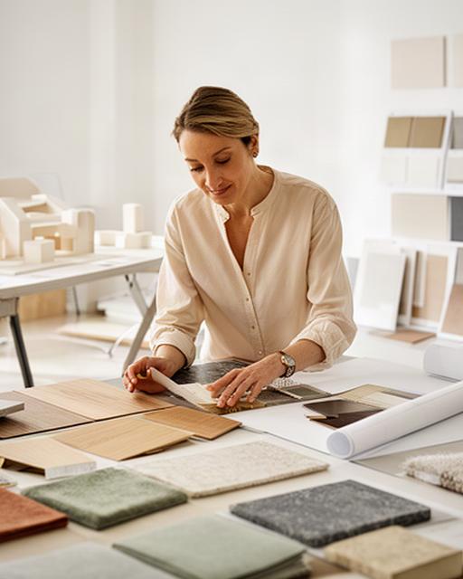 Professionista di interior design al lavoro su campioni di materiali in uno studio luminoso di Valverde