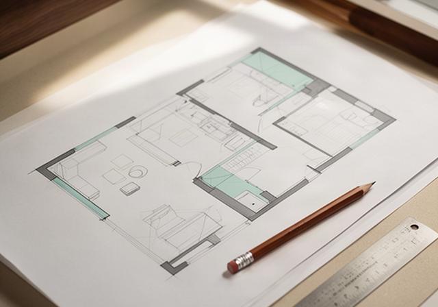 Disegni tecnici e planimetria di un progetto di interni accanto a una matita