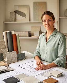 Interior designer nello studio di Valverde mentre consulta tavole di progetto accanto a campioni di materiali