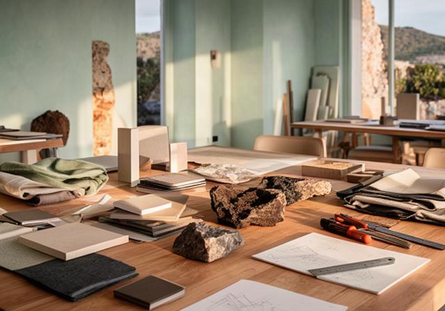 Studio di interior design a Valverde con tavolo da lavoro, campioni materici e luce siciliana
