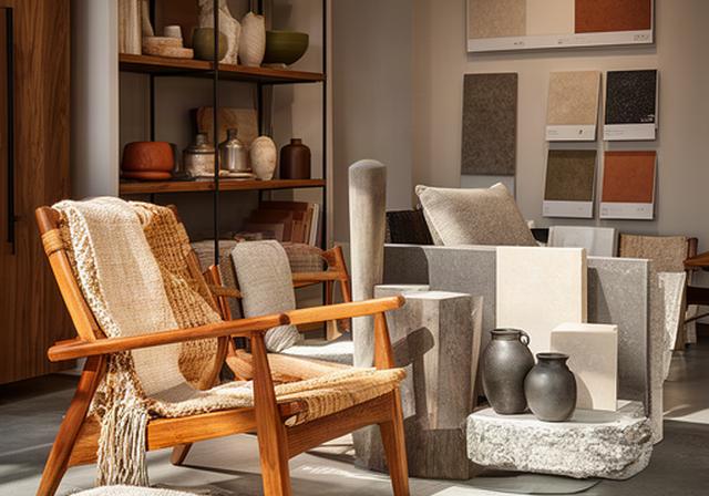 Selezione di arredi in legno, tessuti naturali e finiture calde in uno showroom