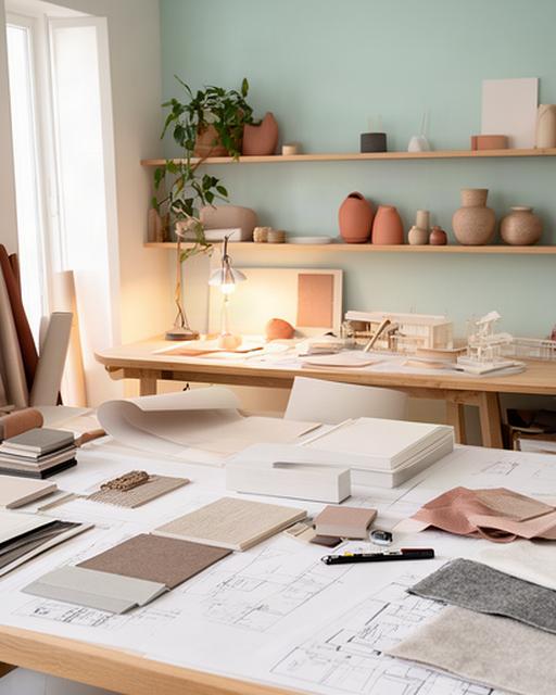 Studio di interior design a Valverde con tavolo da lavoro, campioni materici e planimetrie