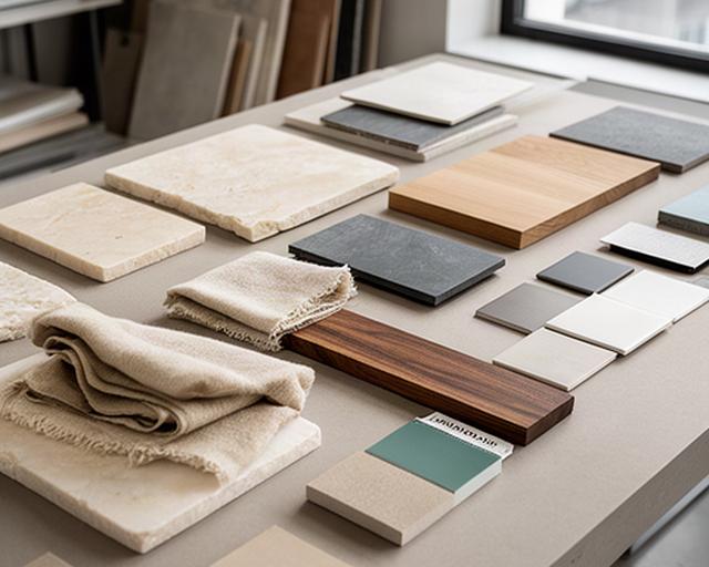 Campioni di pietra, tessuto e legno disposti su un tavolo nello studio di interior design