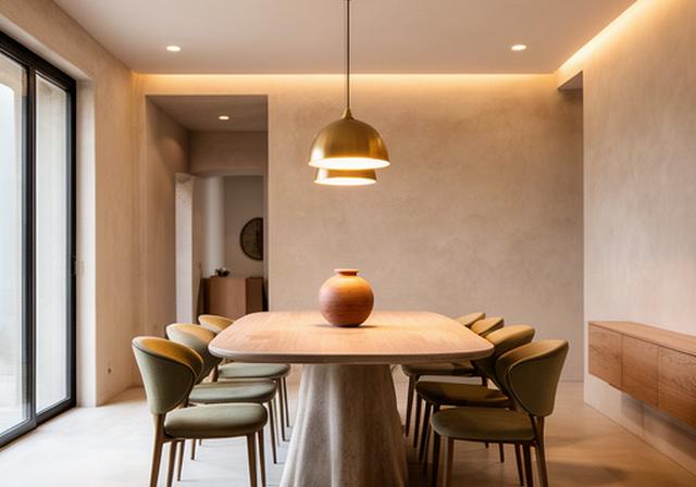 Sala da pranzo contemporanea in Sicilia con luce naturale e illuminazione tecnica a soffitto