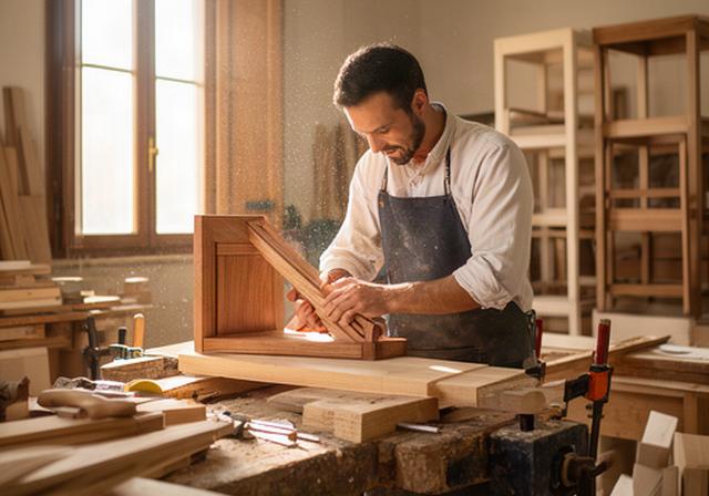 Artigiano siciliano al lavoro su un mobile in legno all'interno di una bottega luminosa