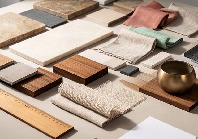 Campioni di pietra, tessuti e legno disposti su un tavolo per la scelta dei materiali