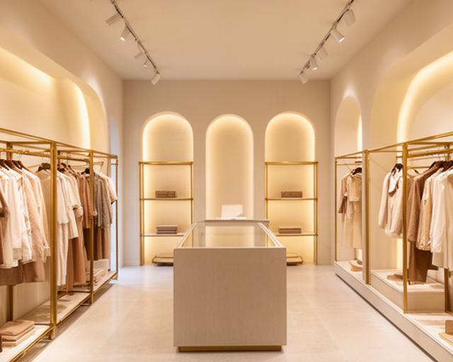 Interno di una boutique a Taormina con pareti color crema, espositori in ottone e abiti illuminati