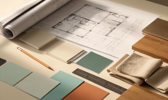 Tavolo di progettazione con planimetrie, campioni di materiali e matita