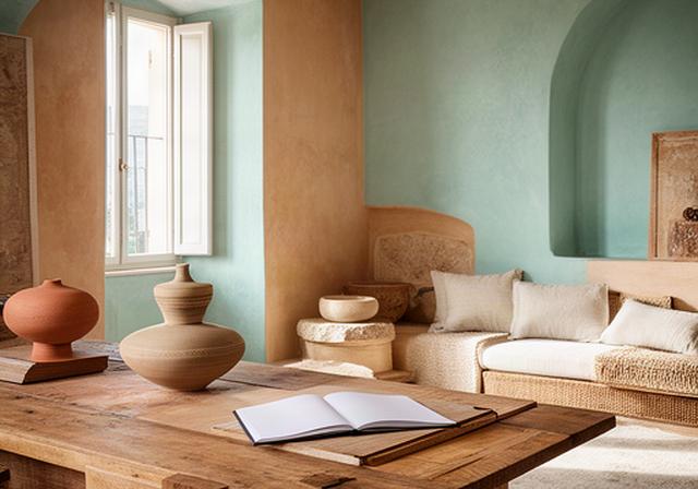 Interno residenziale siciliano con materiali naturali, tavolo da lavoro e luce laterale