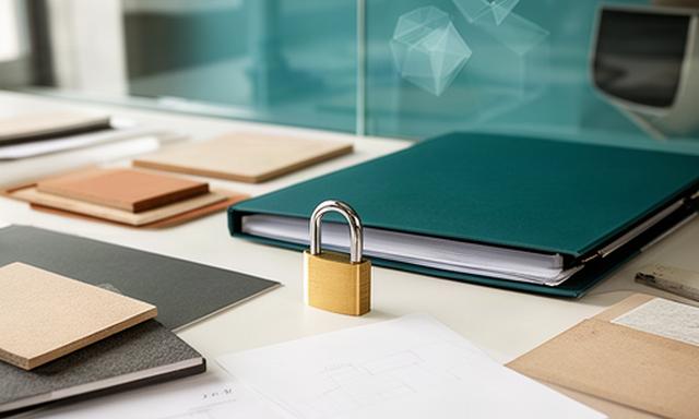 Dettaglio di un ufficio di interior design con documenti protetti e materiali architettonici